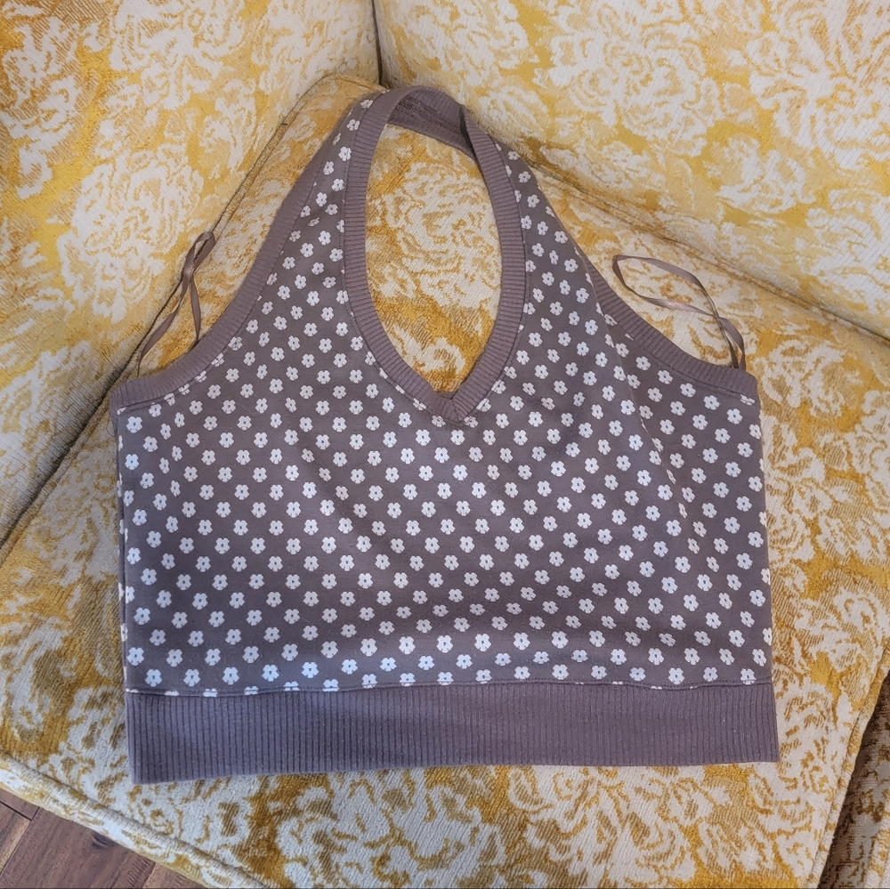 brown and white halter crop top